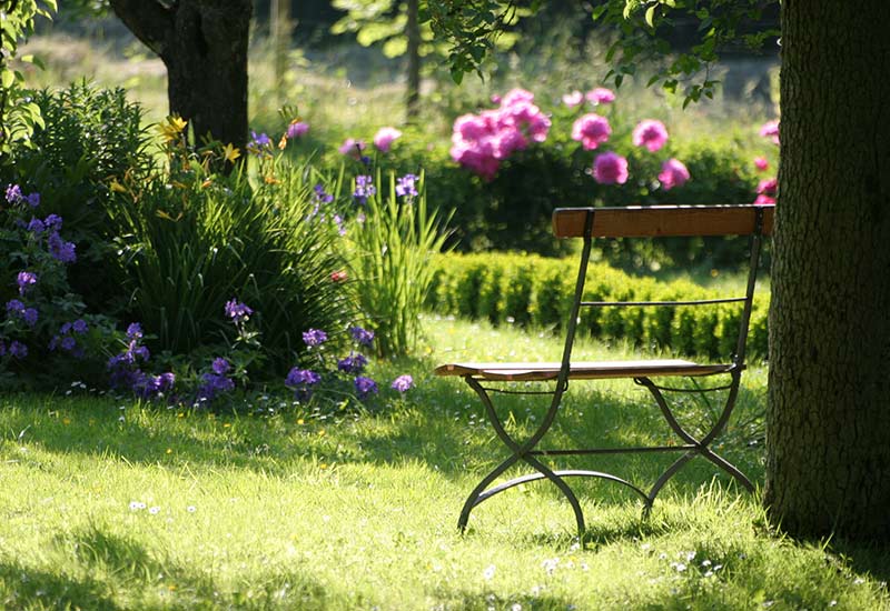 Gartenstuhl im Garten, im Hintergrund Blumen